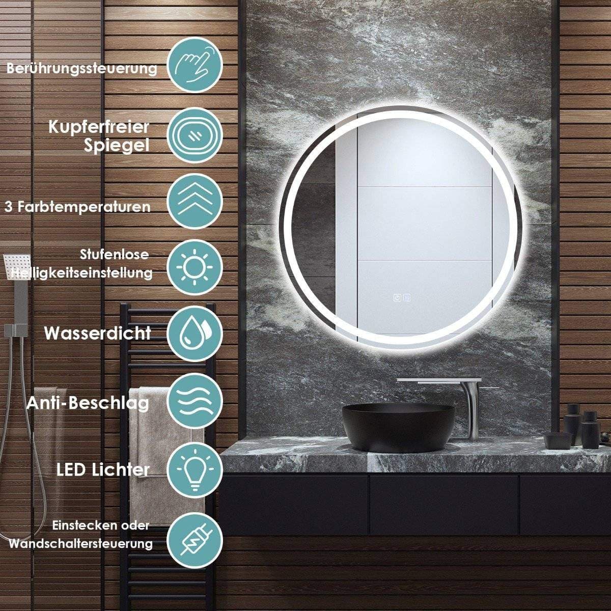 Rundt LED-speil baderomsspeil for veggmontering 3000 K-6000 K Ø 60 cm
