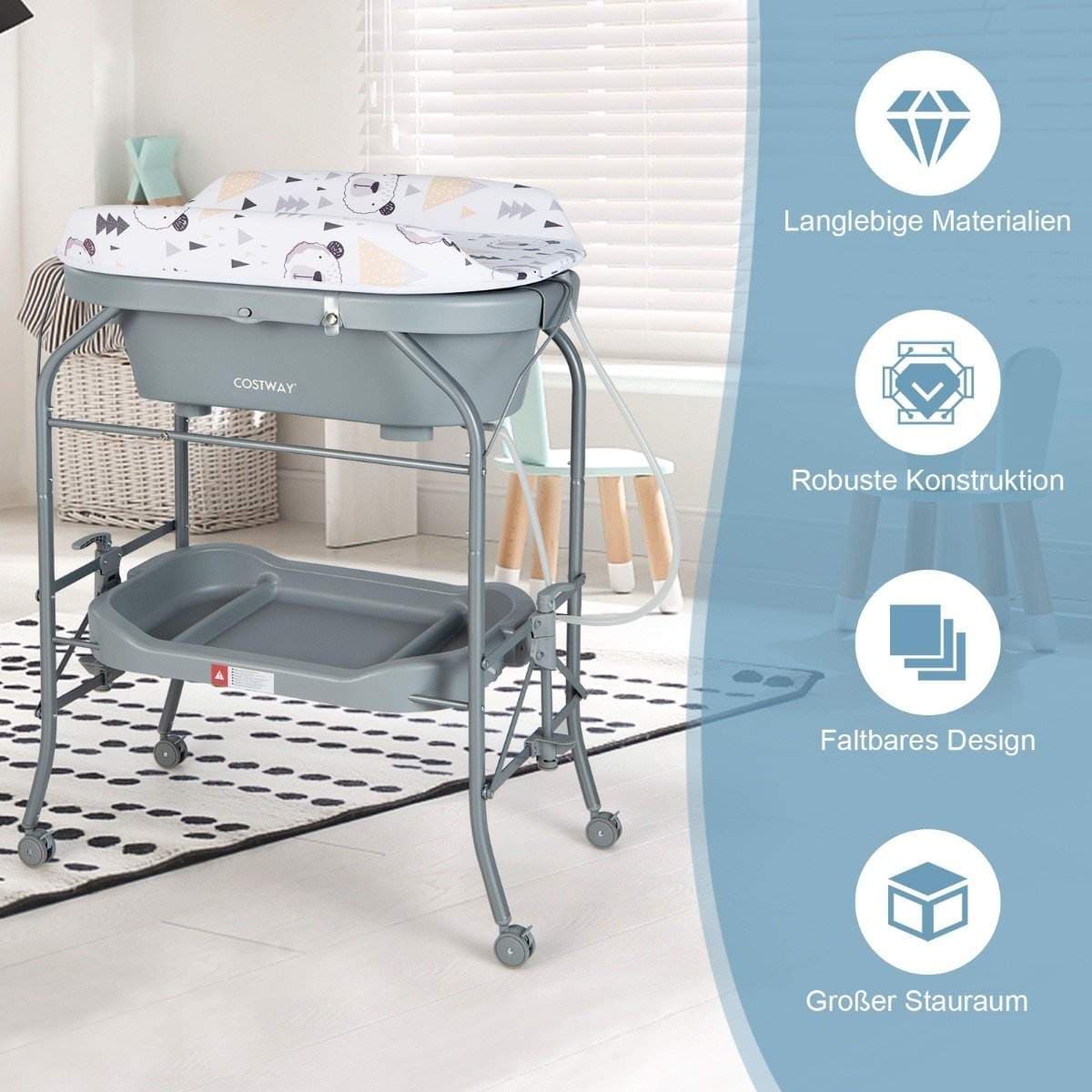 Babystellebord med badekar Bærbart stellebord med PVC-trekk Grå