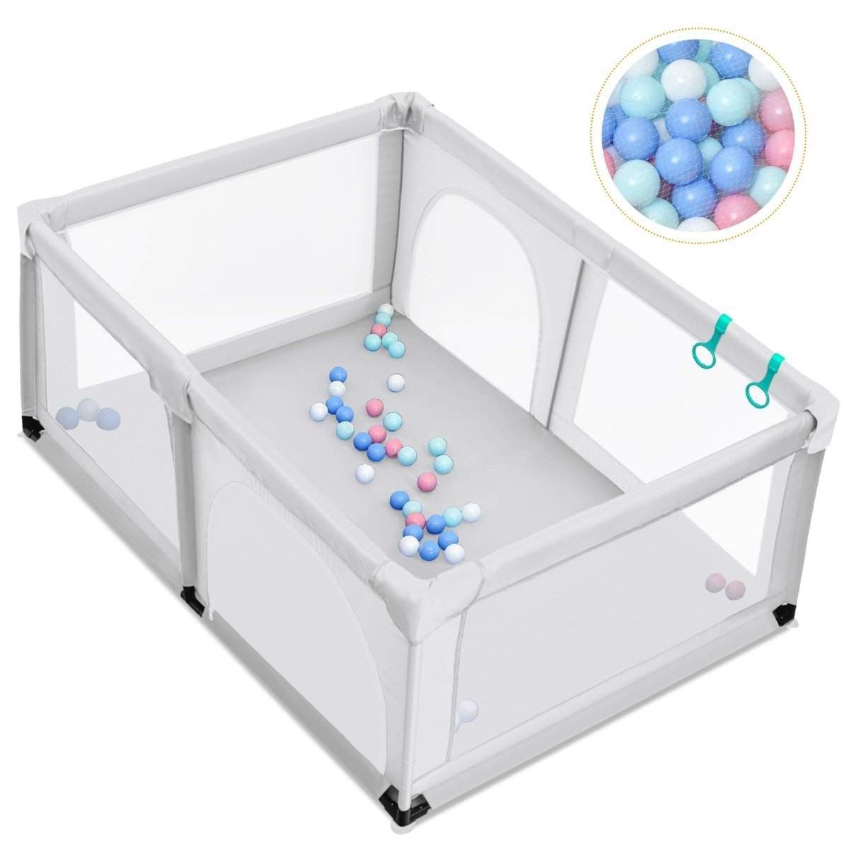 Baby lekegrind med 50 lekeballer lekegrind med nett og glidelås 120 x 190 cm grå