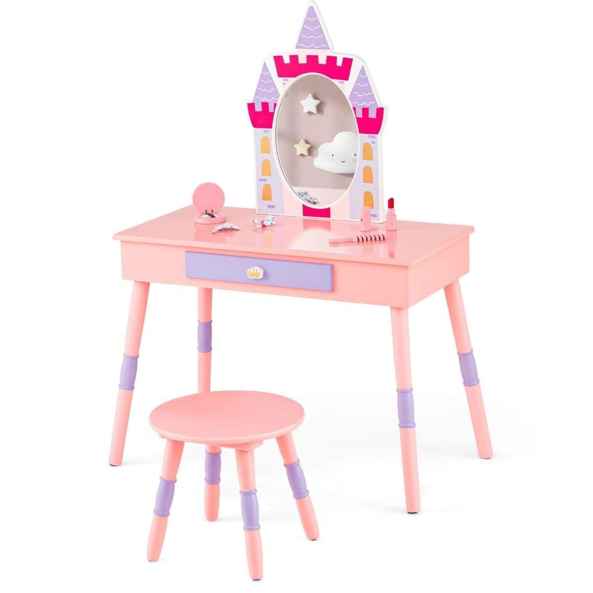 2 i 1 sminkebord for barn med krakk sminkebord sett laget av tre rosa
