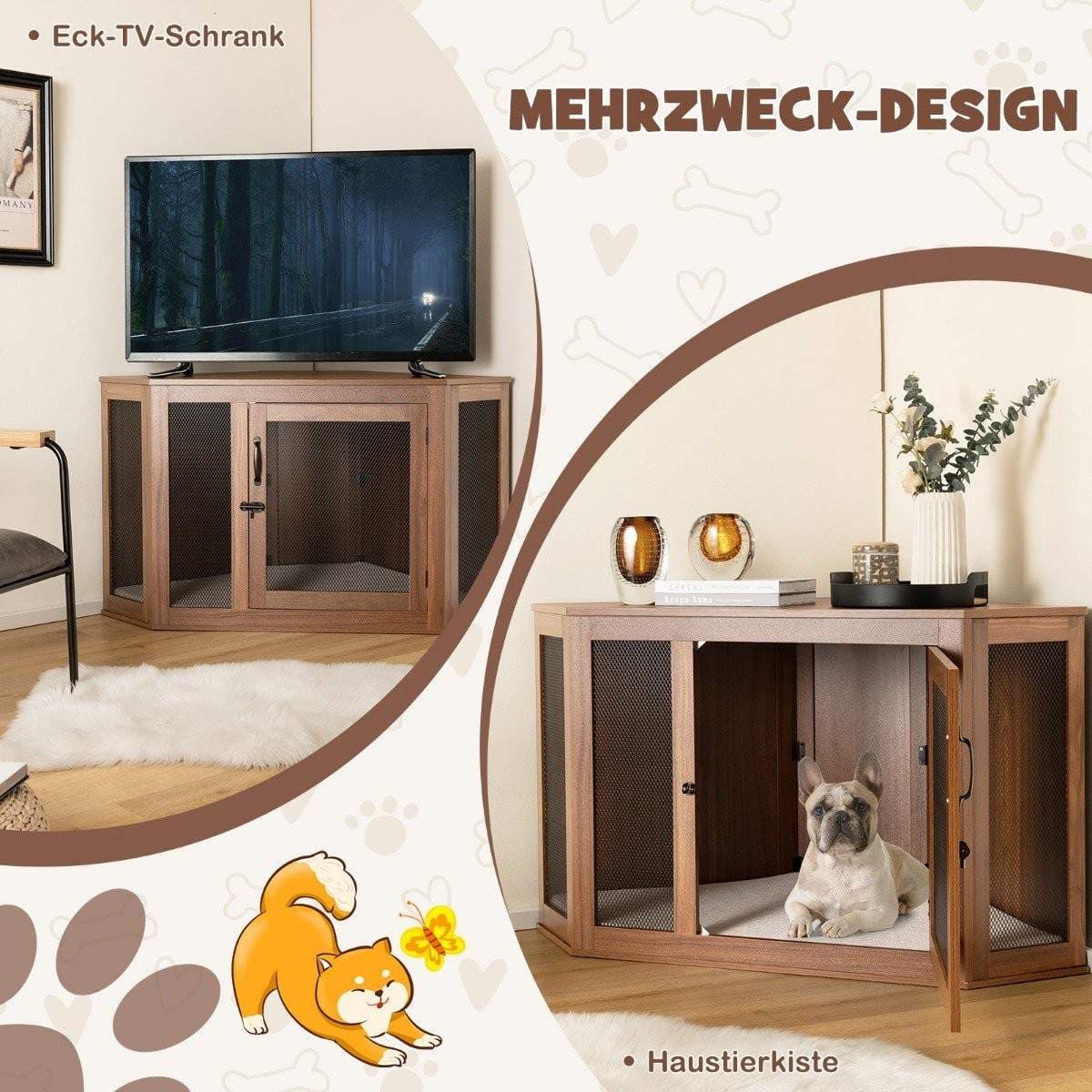 Hjørnekasse for hundekennel med skjermdør og pute 114 x 59 x 67 cm Brun