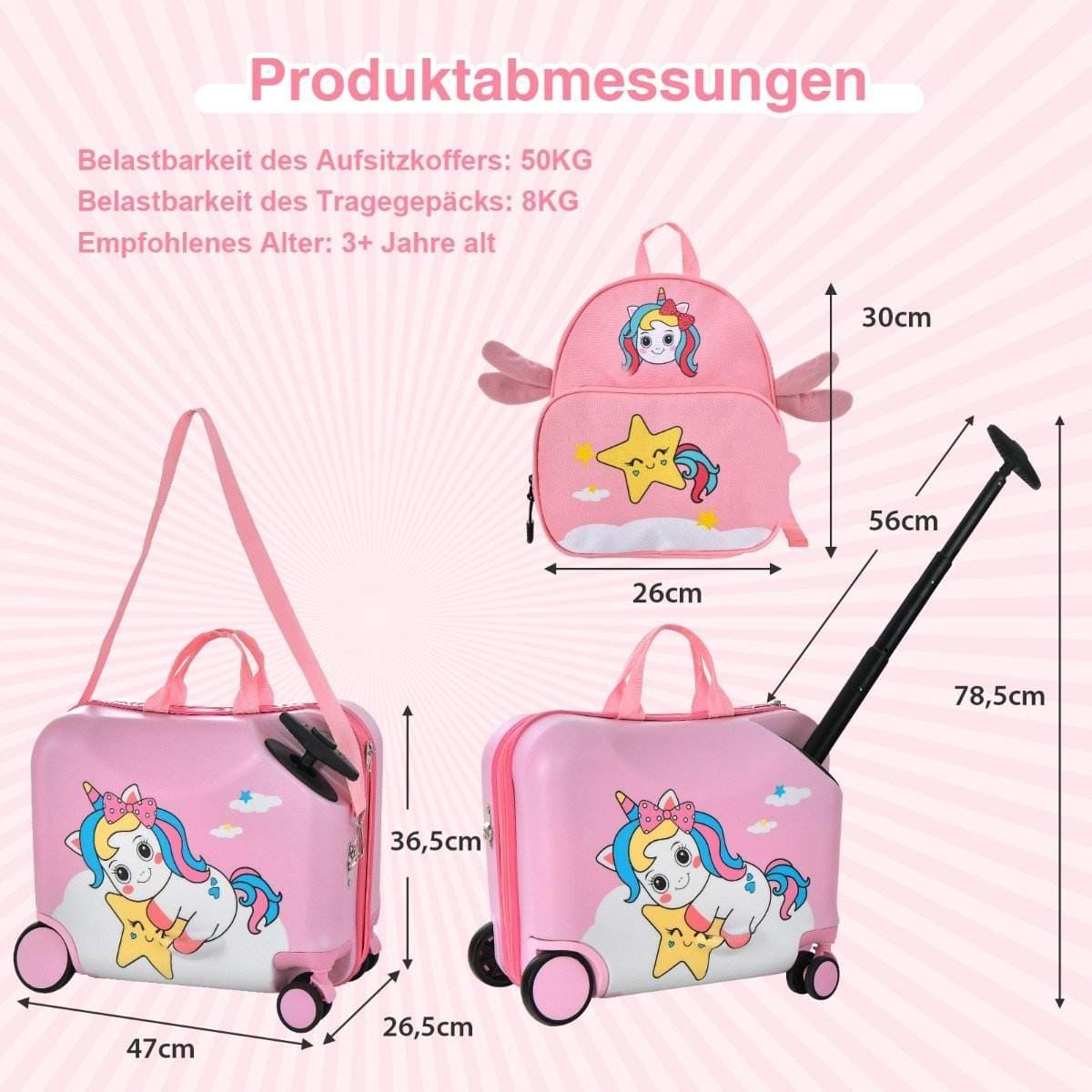 2-delt barnekoffert + ryggsekk 47 cm lang kjørekoffert og 30 cm bred ryggsekk rosa enhjørning
