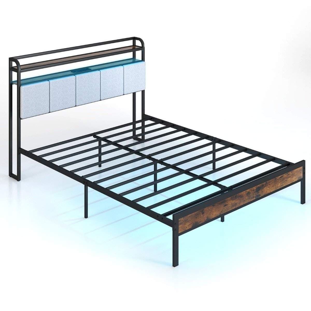 King Size sengeramme med LED-lys og ladestasjon og polstret sengegavl metallramme sengeramme