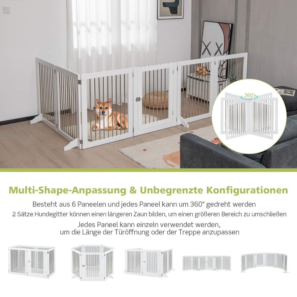 Dog Gate Lekegrind Frittstående Hundegjerde med 6 Paneler 366 x 80 cm Hvit