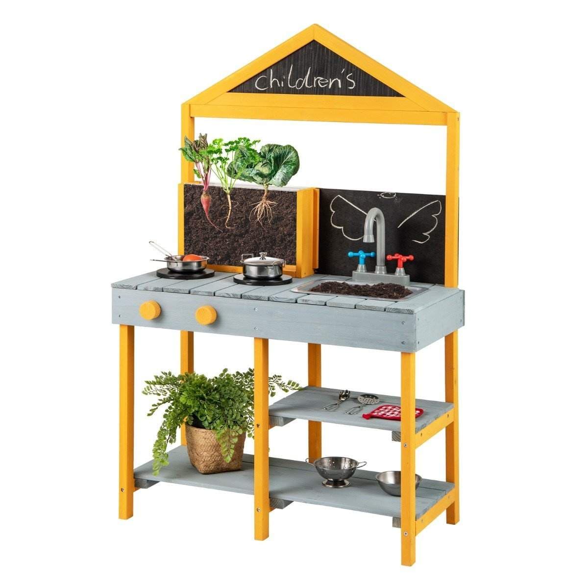 Gjørmekjøkken for barn, utendørs barnekjøkken laget av grantre med plantekasse, 2 tavler, og en blå kran.