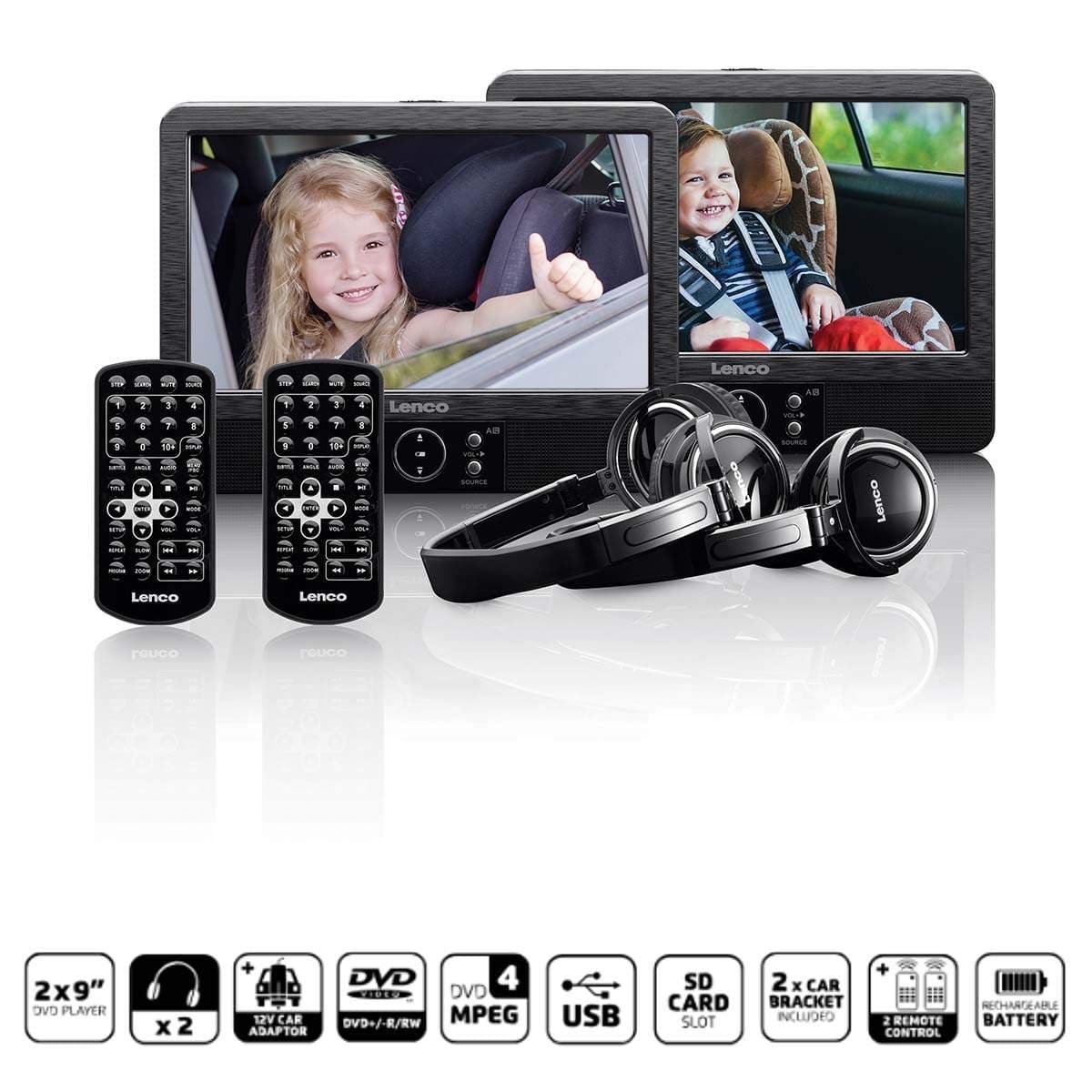 2x 9" bærbar DVD-spiller med USB SD innebygd batterihodetelefon og brakett Svart