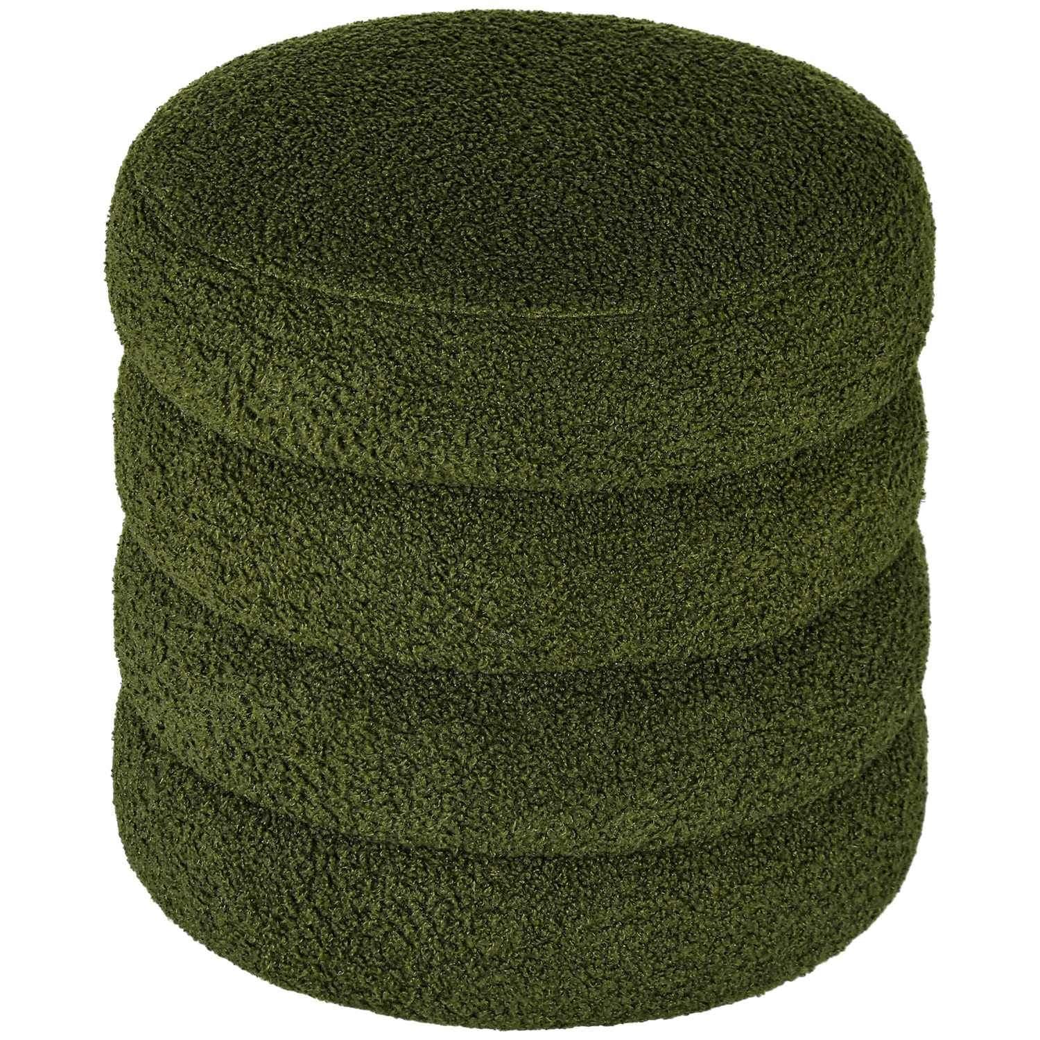Rund grønn ottomansk – Teddy Fleece, skumpolstring, 120 kg kapasitet