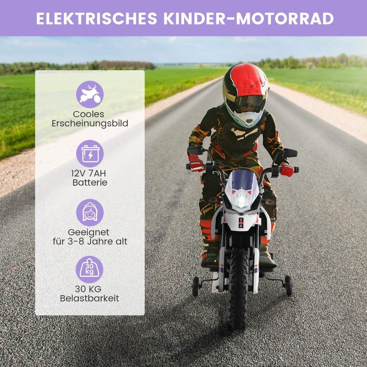 Elektrisk motorsykkel for barn 12V med treningshjul og musikk