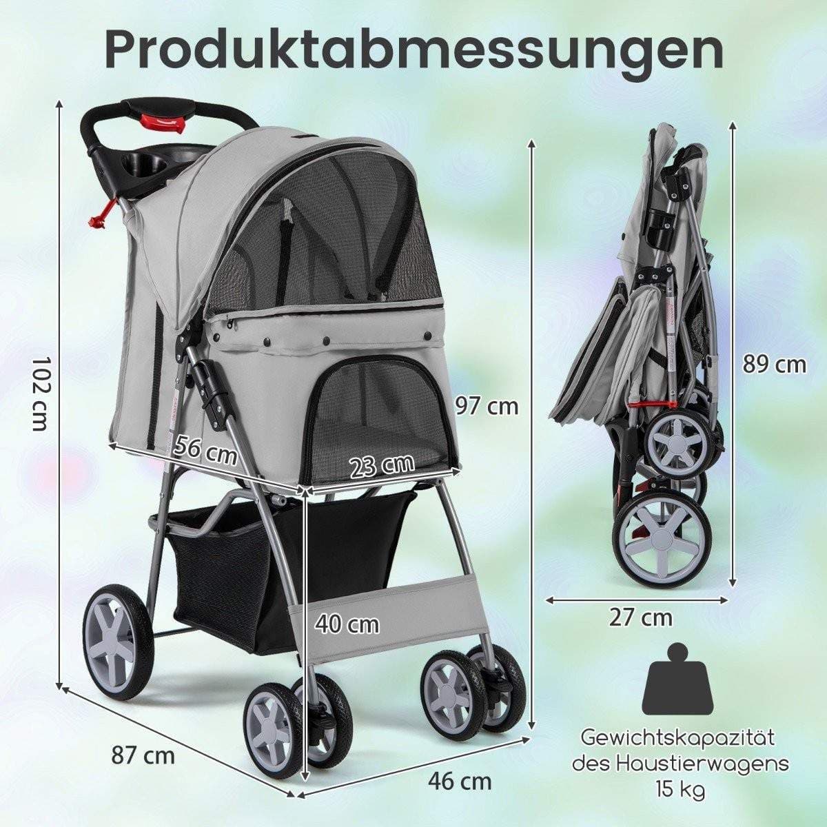 Dyrevogn med nettingvinduer og koppholder – Grå, opptil 15 kg