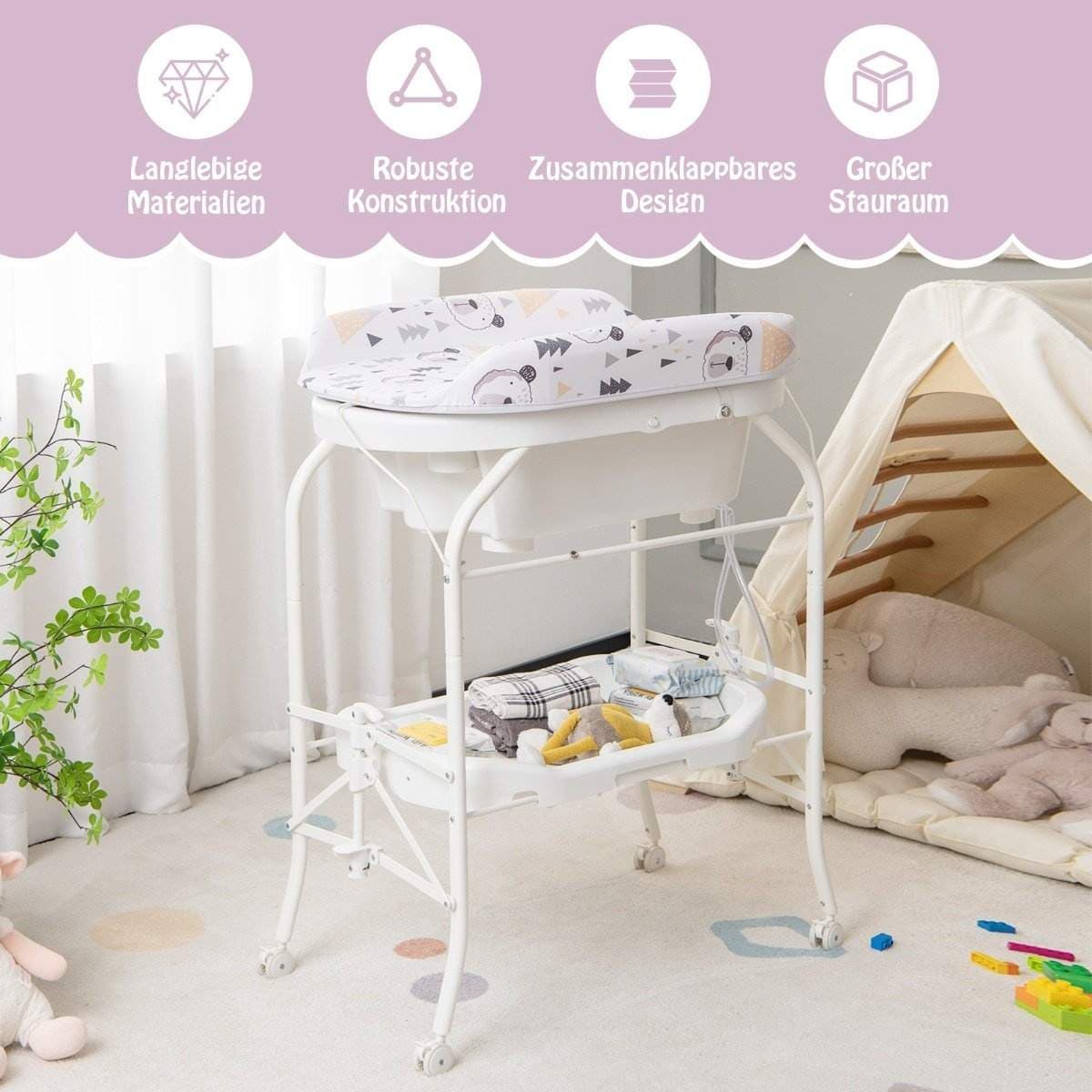 Sammenleggbart babystellebord med badekar – 4-i-1-design