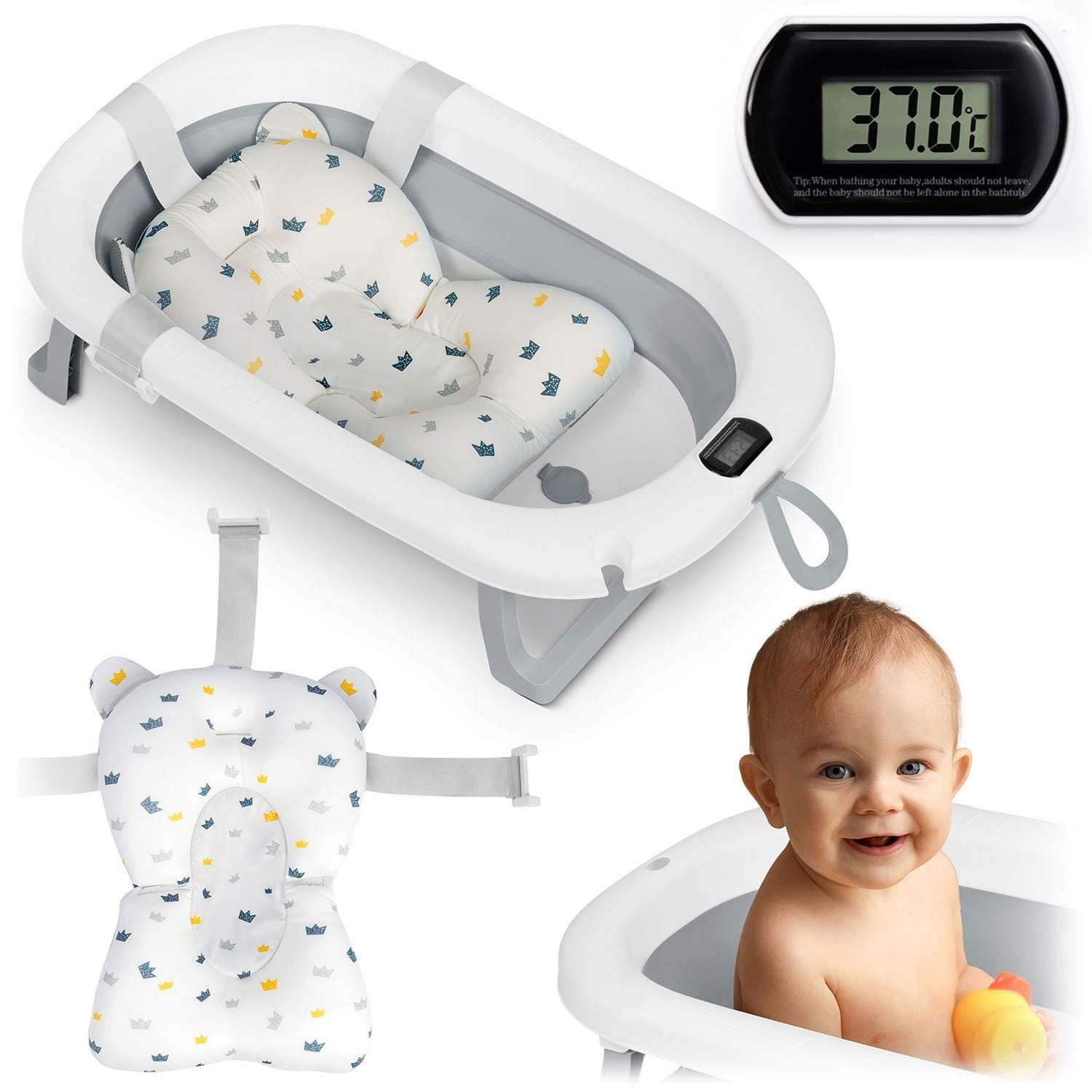Sammenleggbart babybadekar med termometer og innsats – Hvit/grå