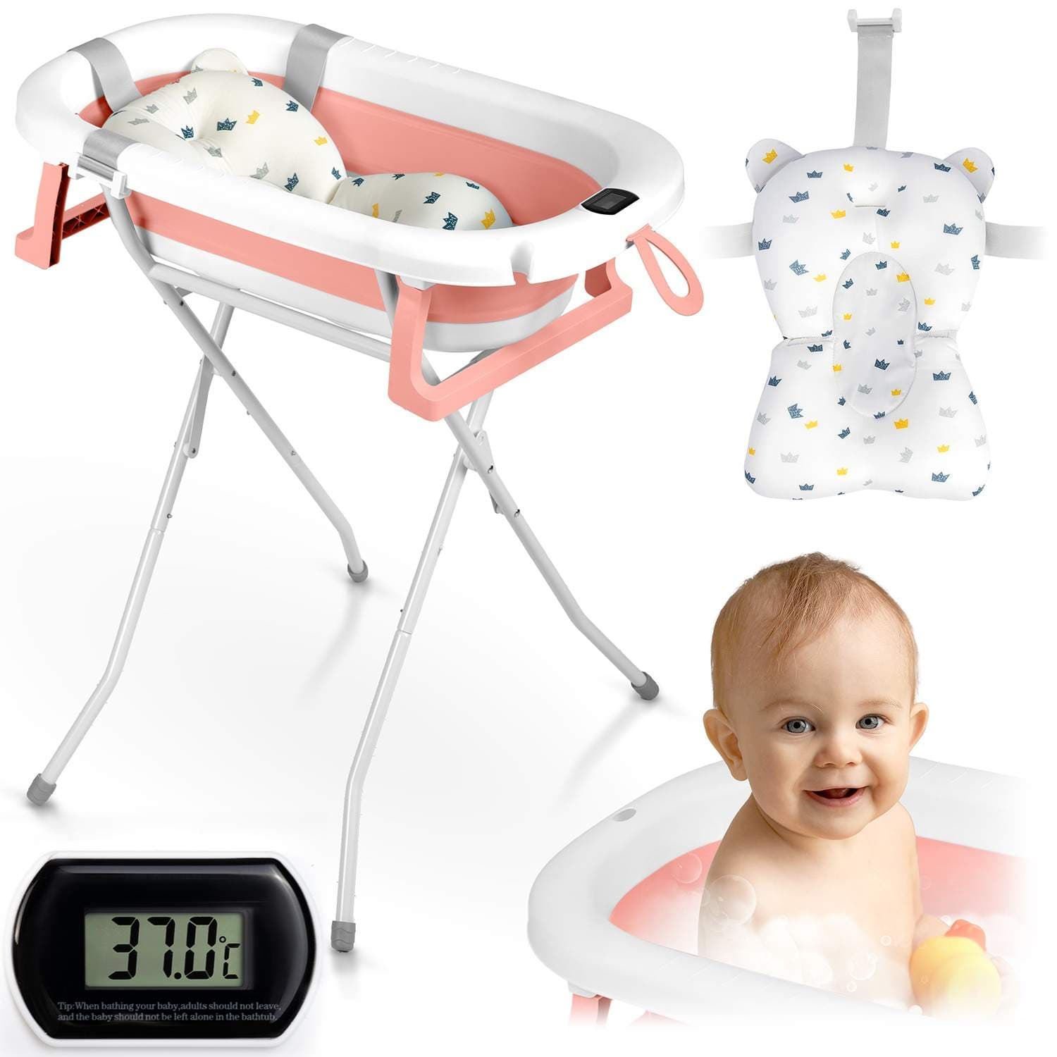Sammenleggbart babybadekar med stativ, termometer og innsats