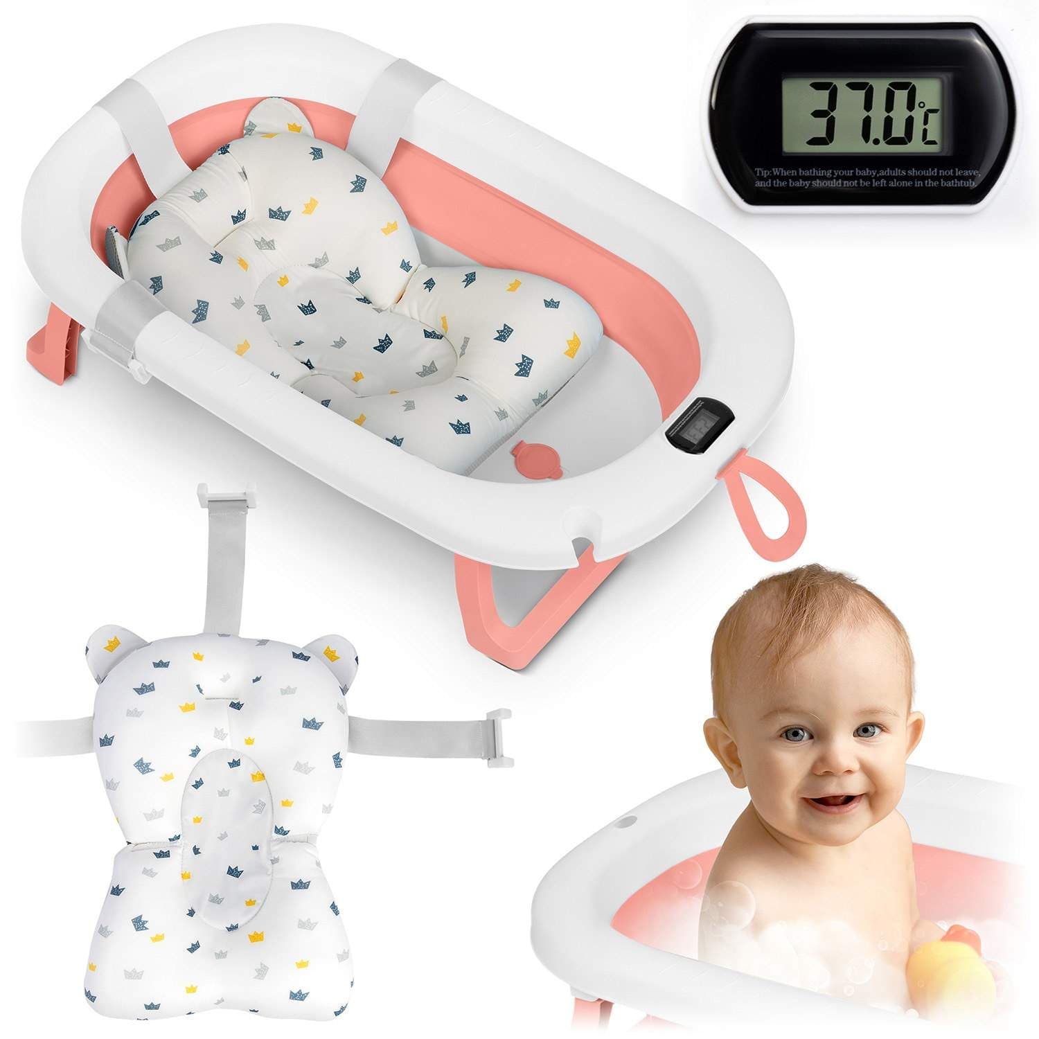 Sammenleggbar babybadekar med termometer og innsats – Hvit/rosa