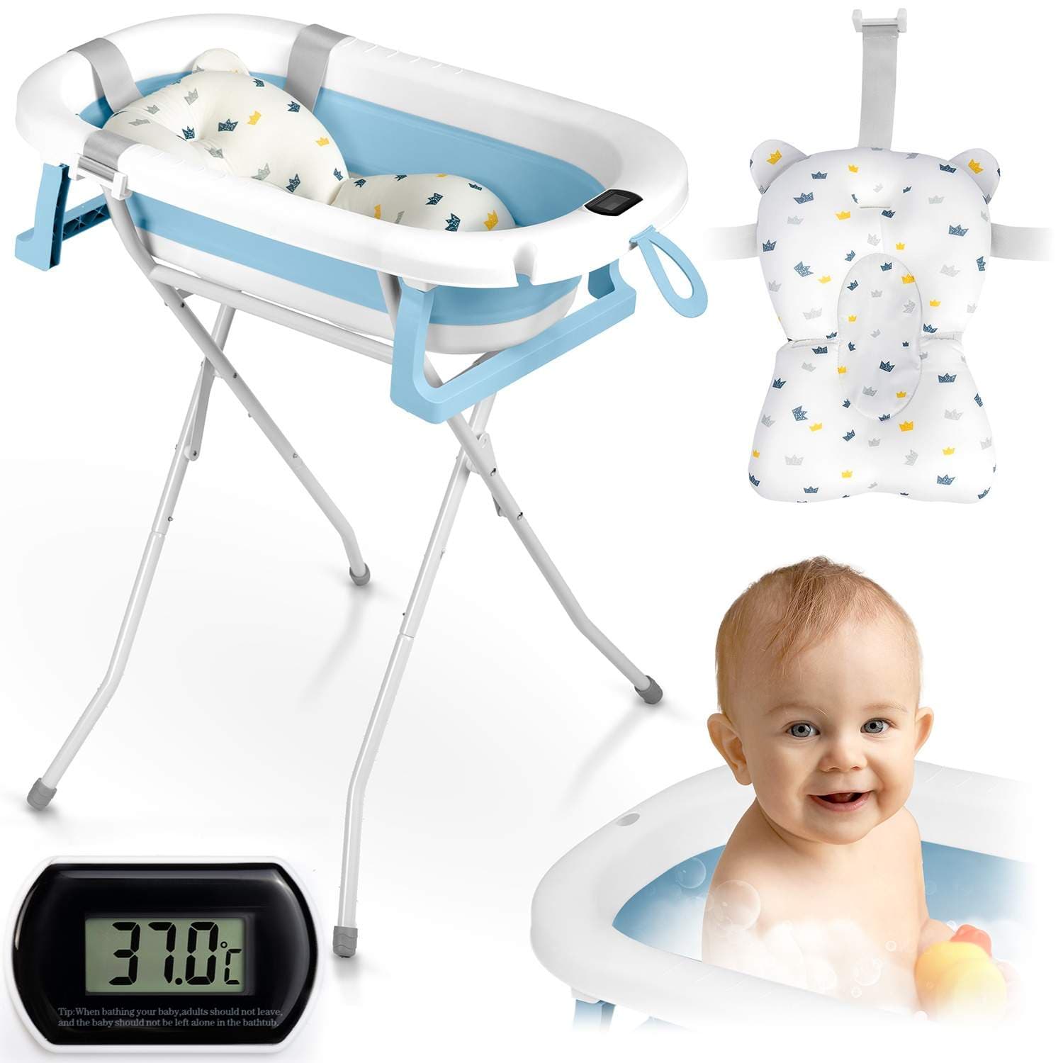 Sammenleggbart babybad med stativ, termometer og innsats