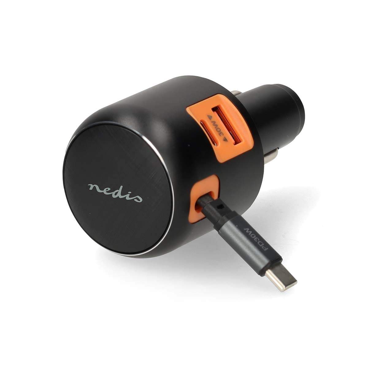 Billader 60W, 3 porter, USB-A/USB-C, uttrekkbar kabel