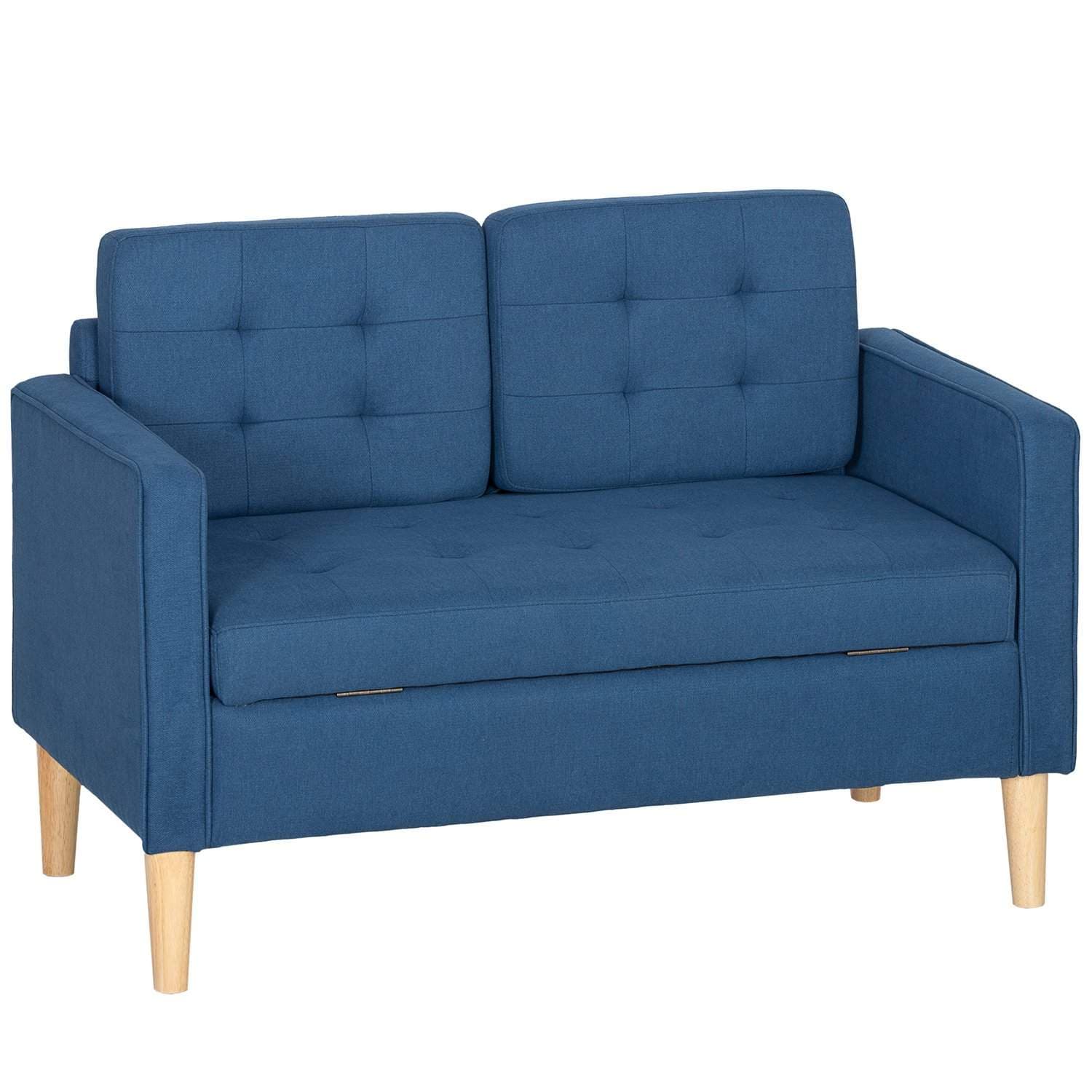 Blå 2-seters sofa med oppbevaring, knapptufting, puter
