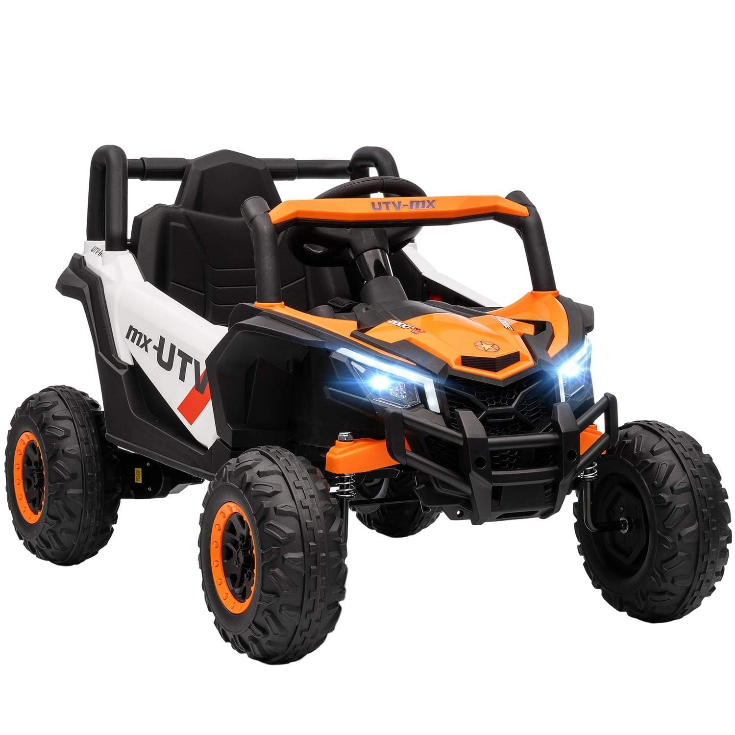 12V elektrisk barnebil, fjernkontroll, sikkerhetsbelte, LED, oransje