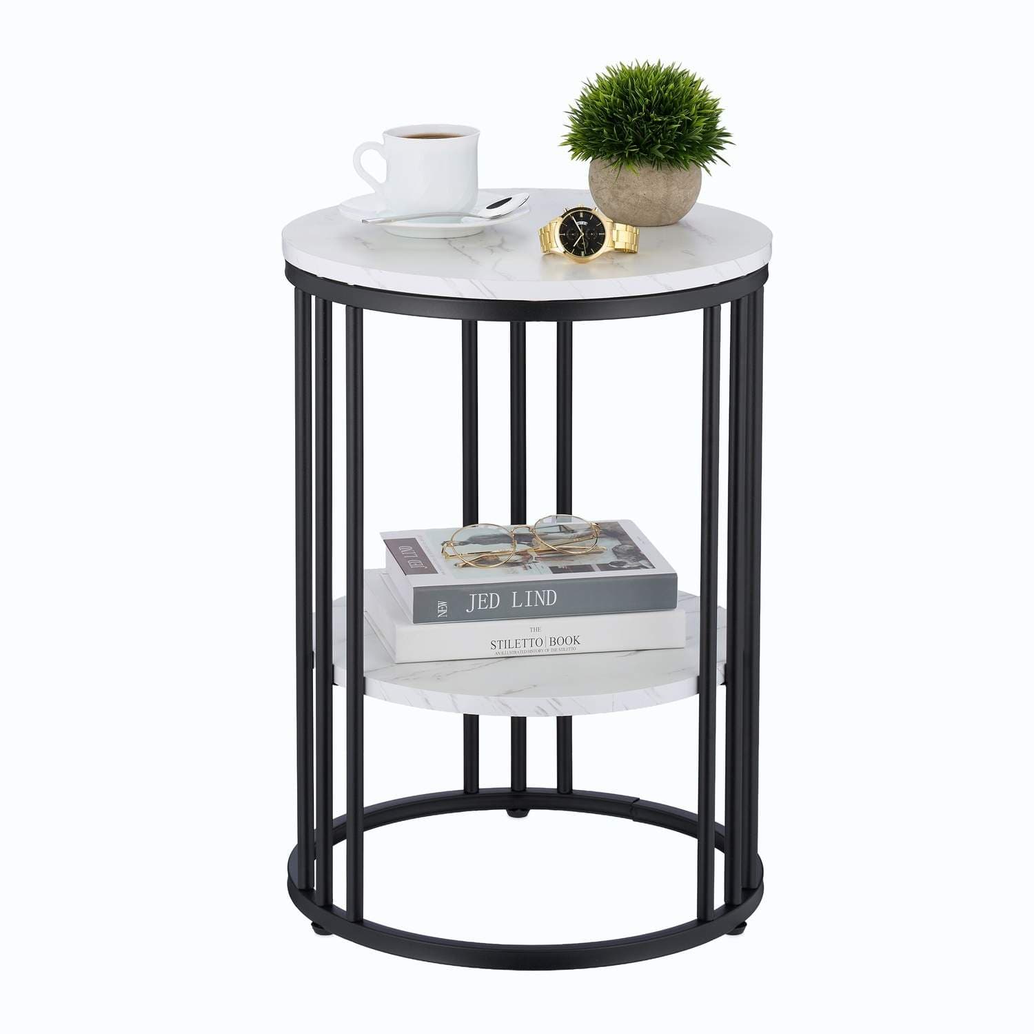 Rundt sidebord i marmorlook – 2-lags design