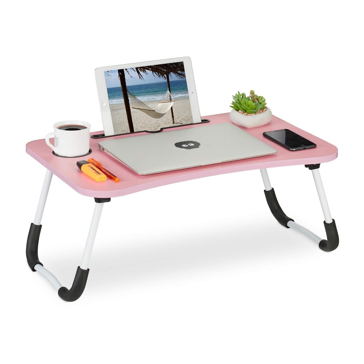 Rosa Lapdesk med nettbrett- og drikkeholder – sammenleggbart sengebrett