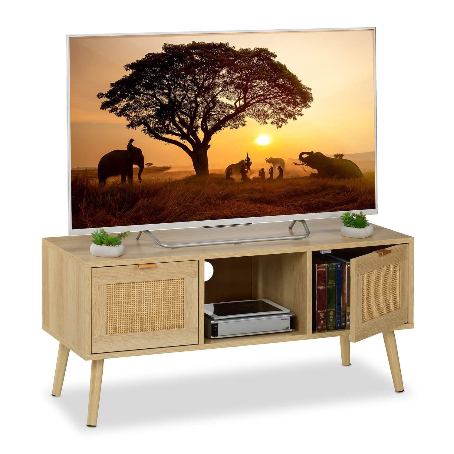 Rotting TV-stativ med oppbevaring – Boho Wood Design
