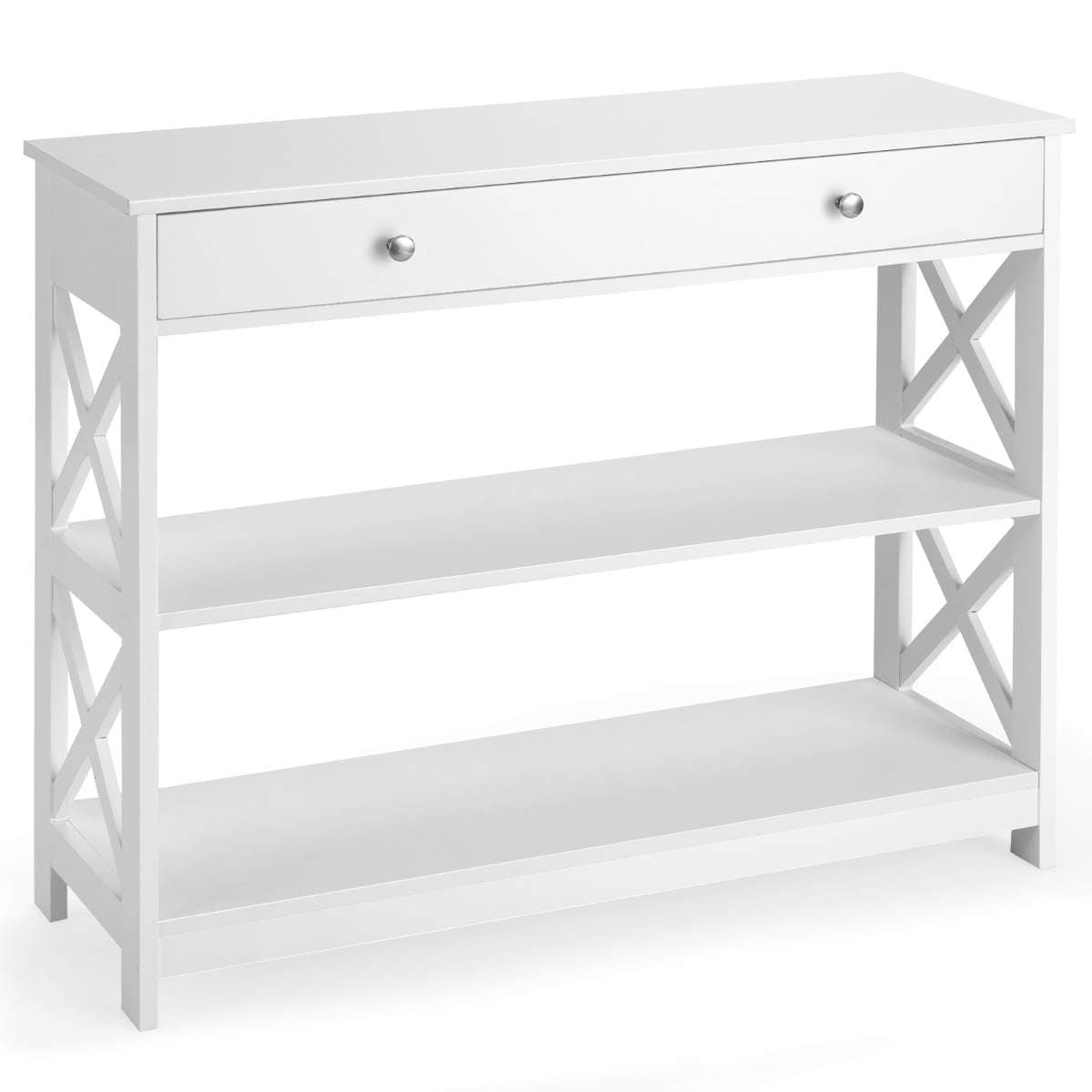 Hvitt konsollbord med 3 etasjer, skuff og hyller – 100x30x80 cm
