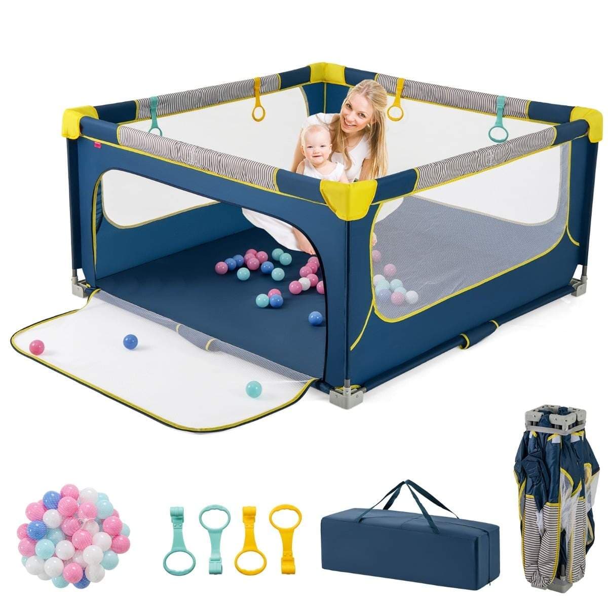 Sammenleggbar lekegrind til baby – 150x150 cm, 50 baller, glidelåsdør