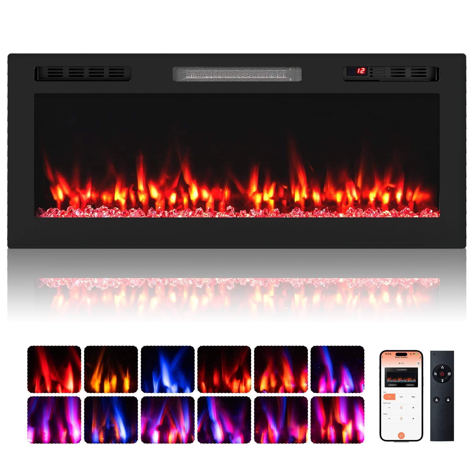 42" elektrisk peis – smart kontroll, dobbel varme, 12 flammefarger