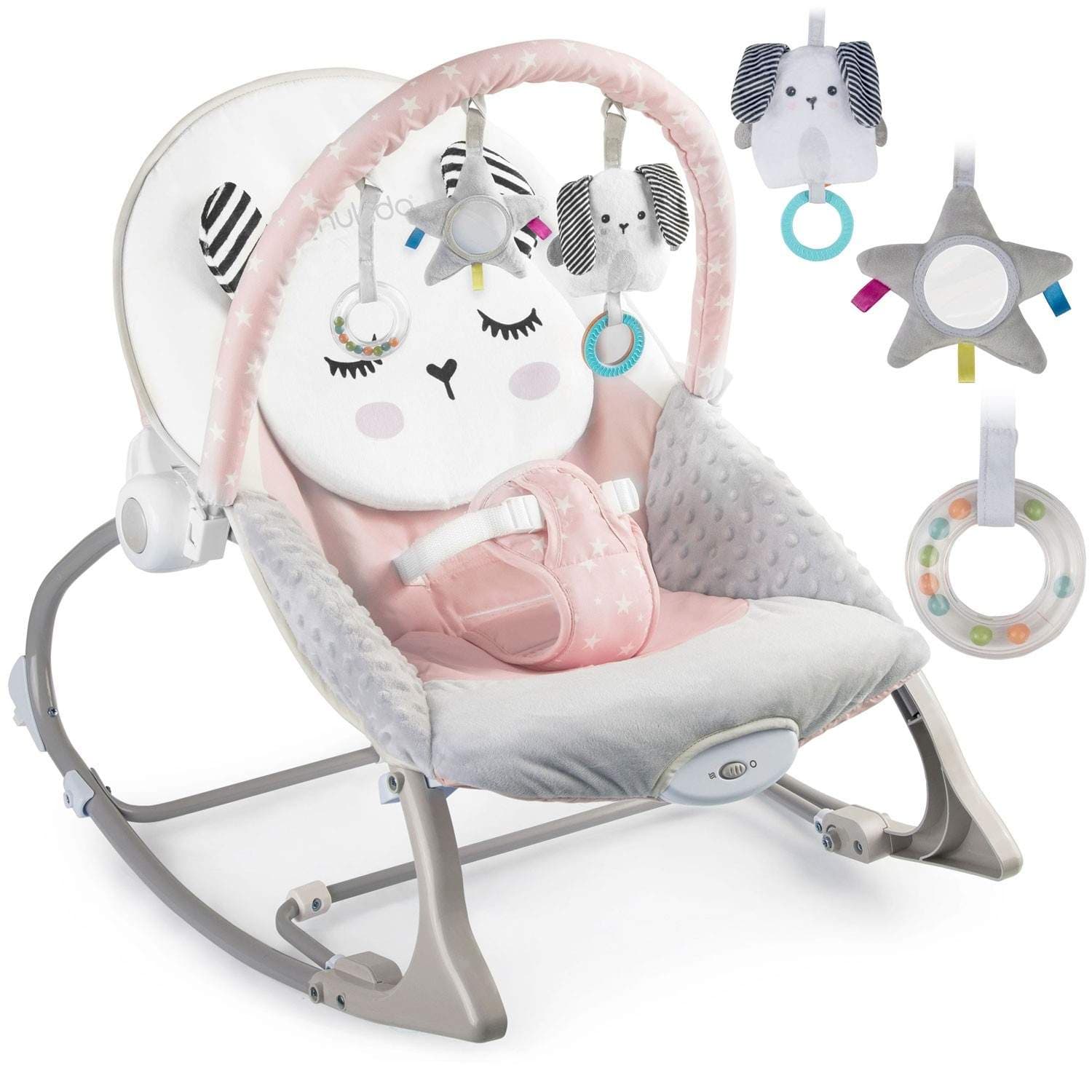 Babyvippe med vibrasjon – rosa, multifunksjonell, trygg