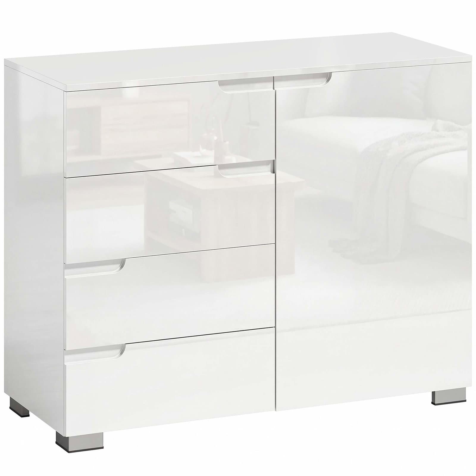 Hvit blank skjenk – 4 skuffer, justerbar hylle, 100x40x80 cm