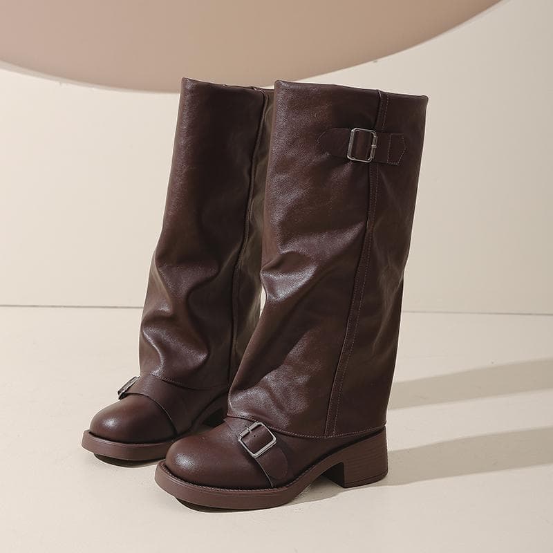 Mote Vintage Tykk Hæl Dame Knehøye Støvler Mote Damer Belte Spenne Ridestøvletter botas de inverno feminina cm brun