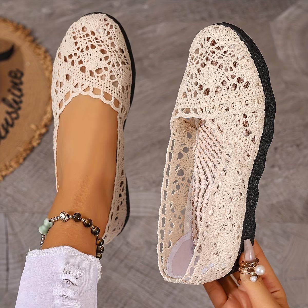 Dame casual stilige pustende slip-on sko - Dame meshsko med stoffdesign, uthulede blonder, flate sko dame cm Svart