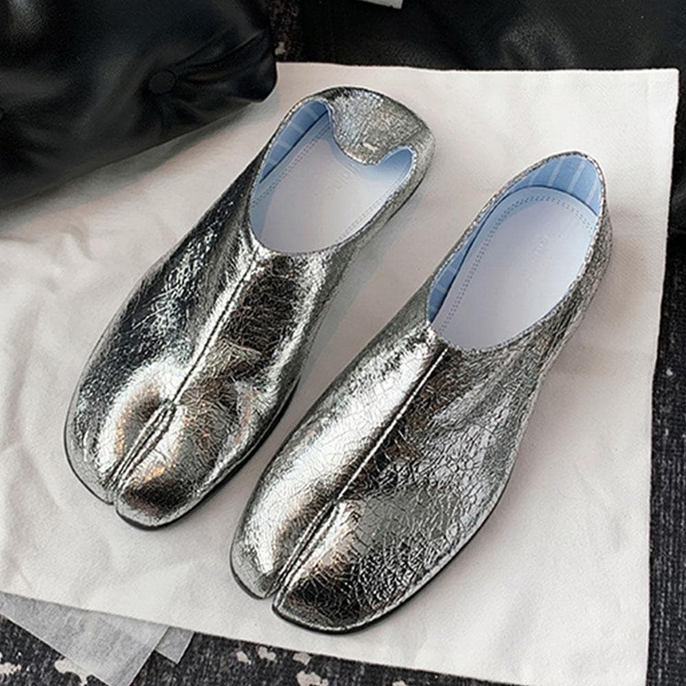 Burst Sølv Tabi Sko Dame Split Toe Flats Vår Myke Loafers Kvinnelig Slip-On Slides cm