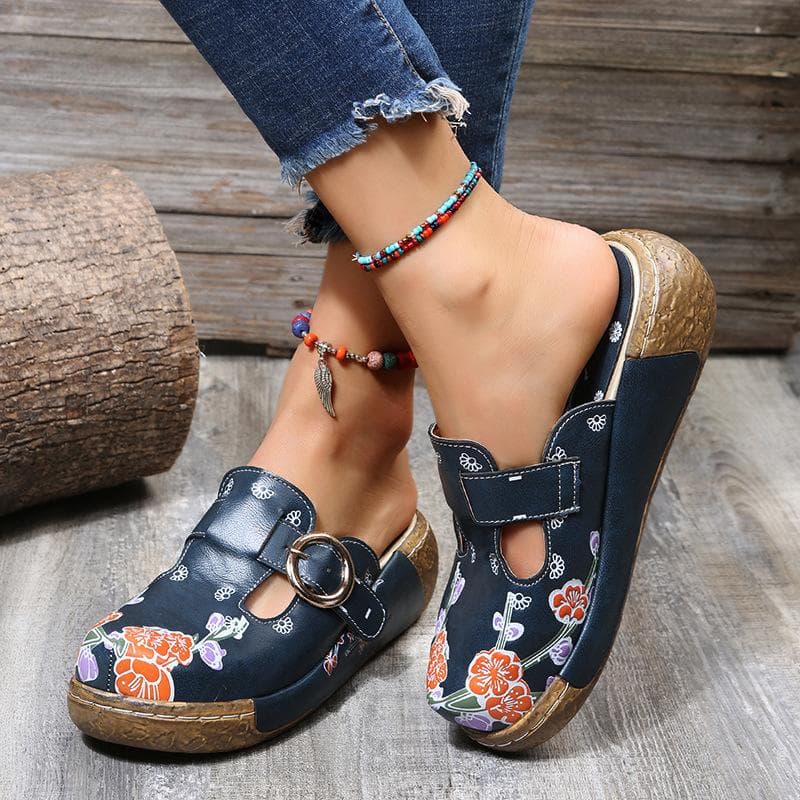 Dame Blomster Tøfler Ekte Skinn Håndlagde Slides Flip Flop Etnisk Stil Godterifarget Strand Baotou Tøfler Pluss Størrelse cm Grønn