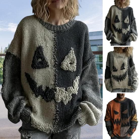 Halloween Skummel Ansikt Genser for Kvinner Patchwork Trykk Strikket Genser Topp Langermet Rund hals Sydd Høstantrekk cm