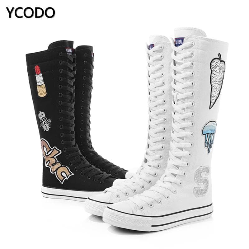 Vår Høst Damestøvler Canvas Mid Calf Boots Casual High Top Sko Lange støvler Snøring Glidelås Komfortable flate støvler Str. 34-43 cm