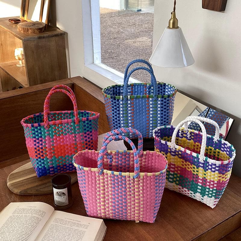 Fletting Håndkurv Fargerik Håndveskehåndtak Flettet Shopper Bag Lappeteppe Stripet Tote Vesker Piknik Strandvesker lys rosa farge