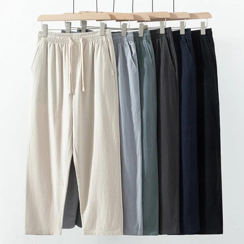 Herre Bomull Lin Ankel-lengde Bukser Sommer Ensfarget Pustende Bukser Mannlig Casual Elastisk Midje Casual Harajuku Fitness cm marineblå farge