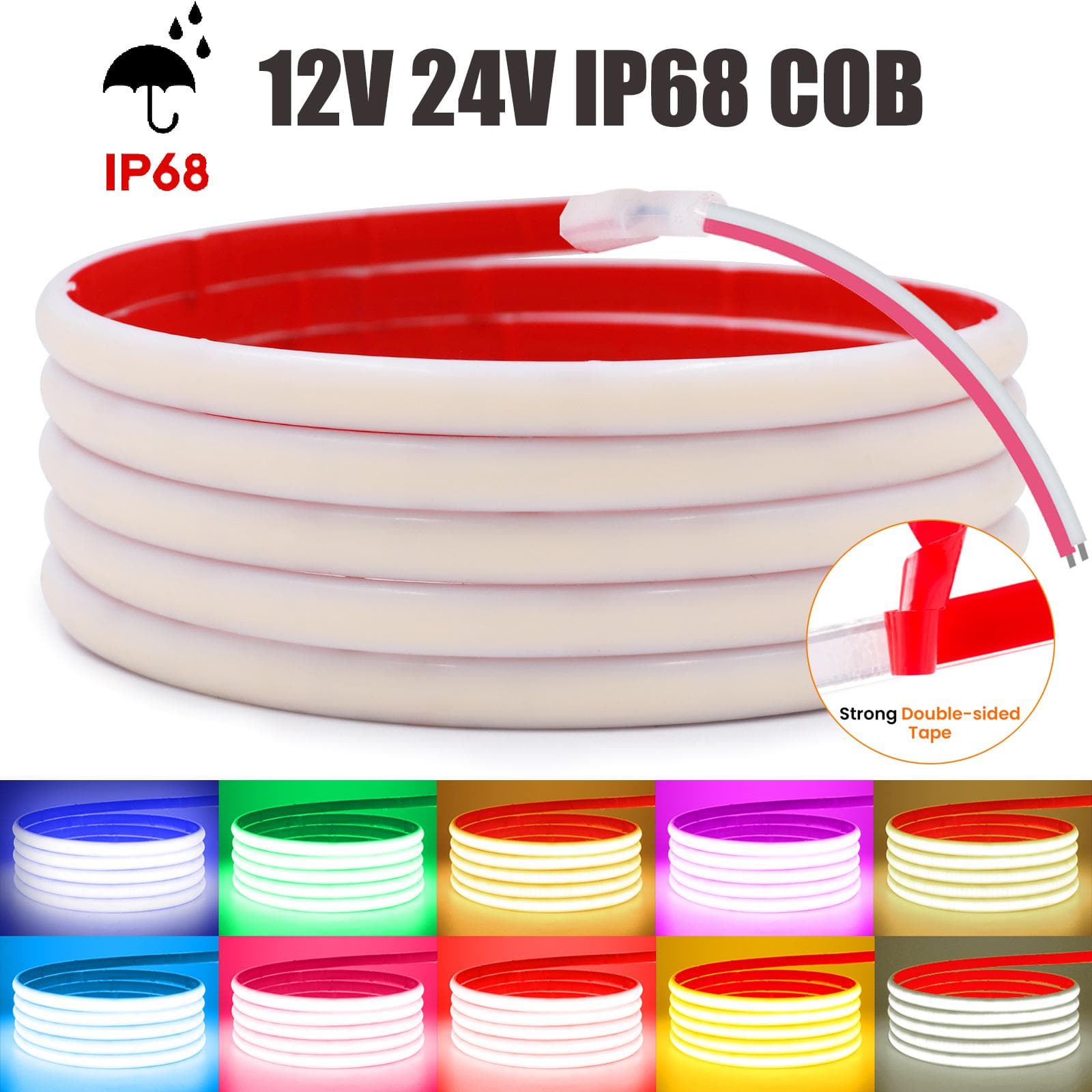 IP68 Vanntett COB LED Strip Lys 12V 24V Fleksibel LED Neon Tape 320LEDs/m Høy Tetthet Lineært Lys Utendørs Svømmebasseng Gul