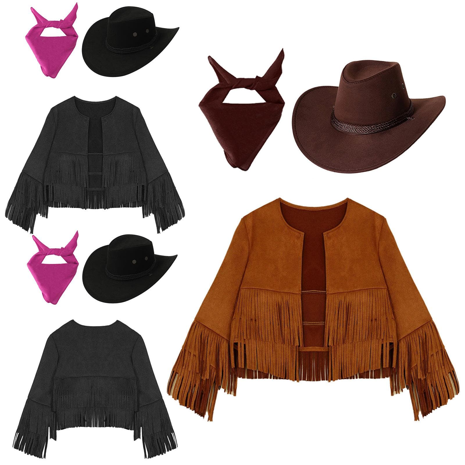 3 stk Unisex Western Cowboy Kostymesett for Barn: Frynsete Vest, Hatt og Bandana for Halloween-utkledning, Cowgirl Rollespillfest cm brun
