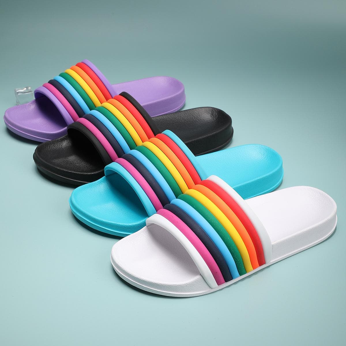 Damer Regnbue Tyk Såle Sommer Strand Slides Badeværelse Sklisikker Tøffel Myke Sandaler Mote Flip-Flops Ultralett Bokstavsko cm kongeblå farge