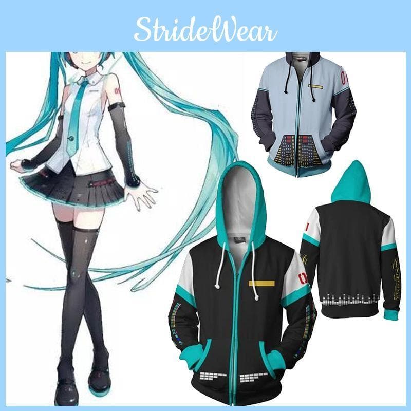 Miku Anime Hatsune Vocaloid Hettegenser Glidelås Genser Cosplay Kostyme Jakke Kåpe cm Svart
