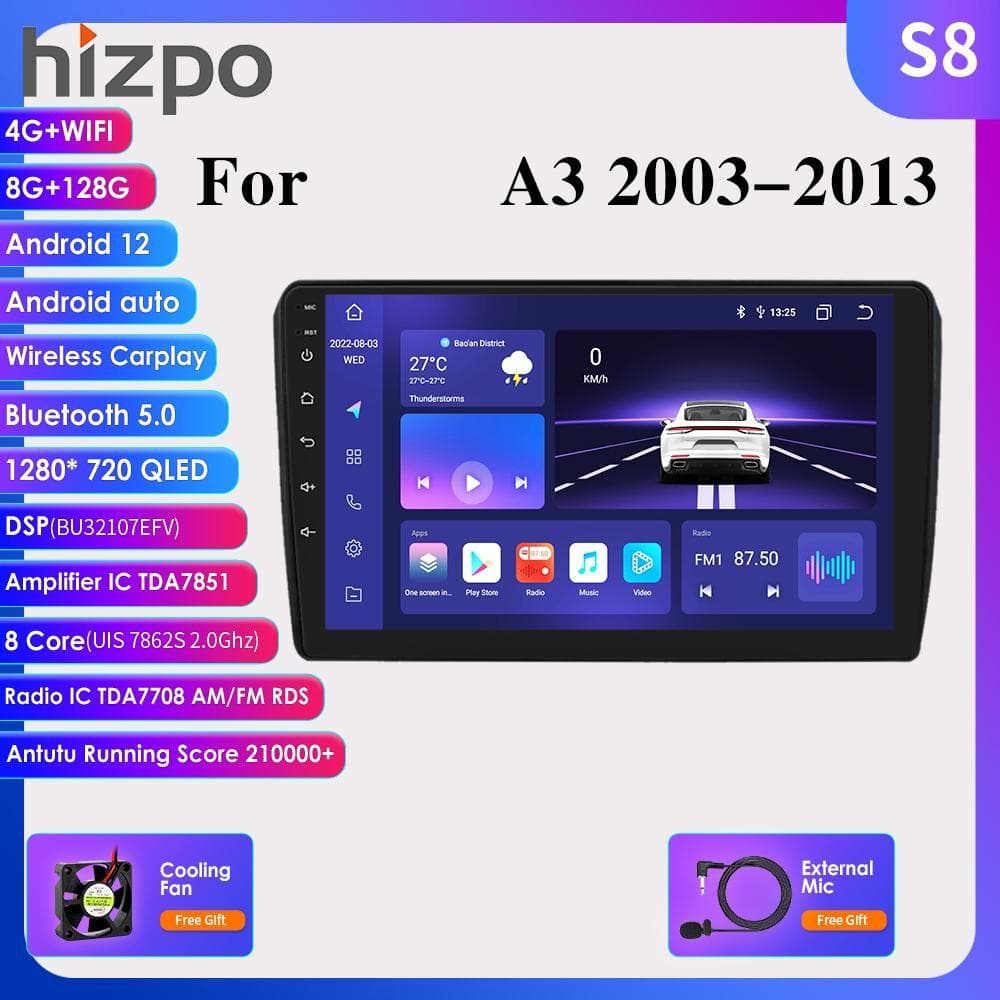 Hizpo 4G+WIFI 2 Din Android Auto Radio for A3 8P 2003 - 2013 Carplay Bil Multimedia GPS 2din Autoradio Navigasjon GPS Hovedenhet Automotivo Video