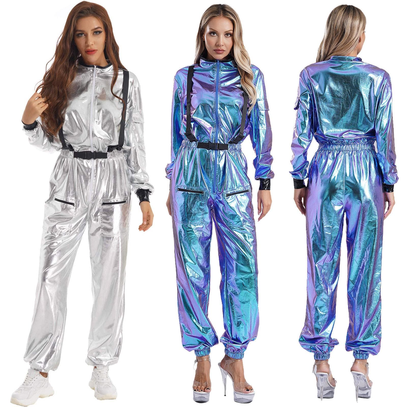 Drakter for kvinnelige astronauter Metallisk skinnende jumpsuit Mock-neck Langermet Hel glidelås Bodysuit Romrollespill Halloween-antrekk cm Blå