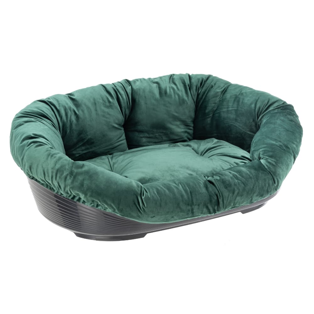 Sett med Ferplast Siesta Deluxe-kurv med grønt sofatrekk i fløyel - Sett størrelse 8: L 85 x B 62 x H 28,5 cm