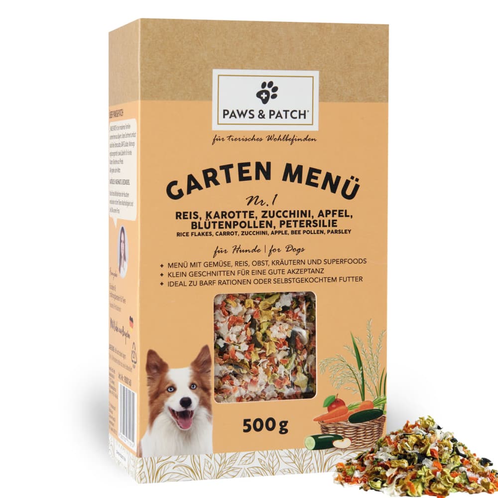 PAWS & PATCH Hagemeny for hunder - Nr. 1: Ris, gulrøtter, squash, eple, pollen, persille (500 g)