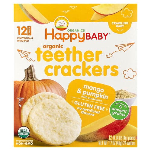 Happy Family Organics, Happy Baby®, økologiske biteringkjeks, mango og gresskar med amarant, 12 pakker, 0,14 oz (4 g) per stk